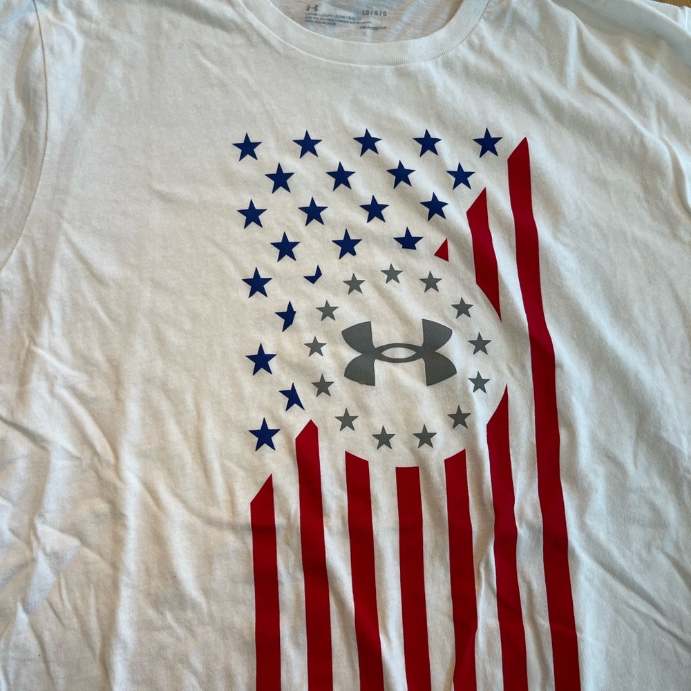 NWOT Under Armour White T-Shirt with Red and Blue Stars and Stripes